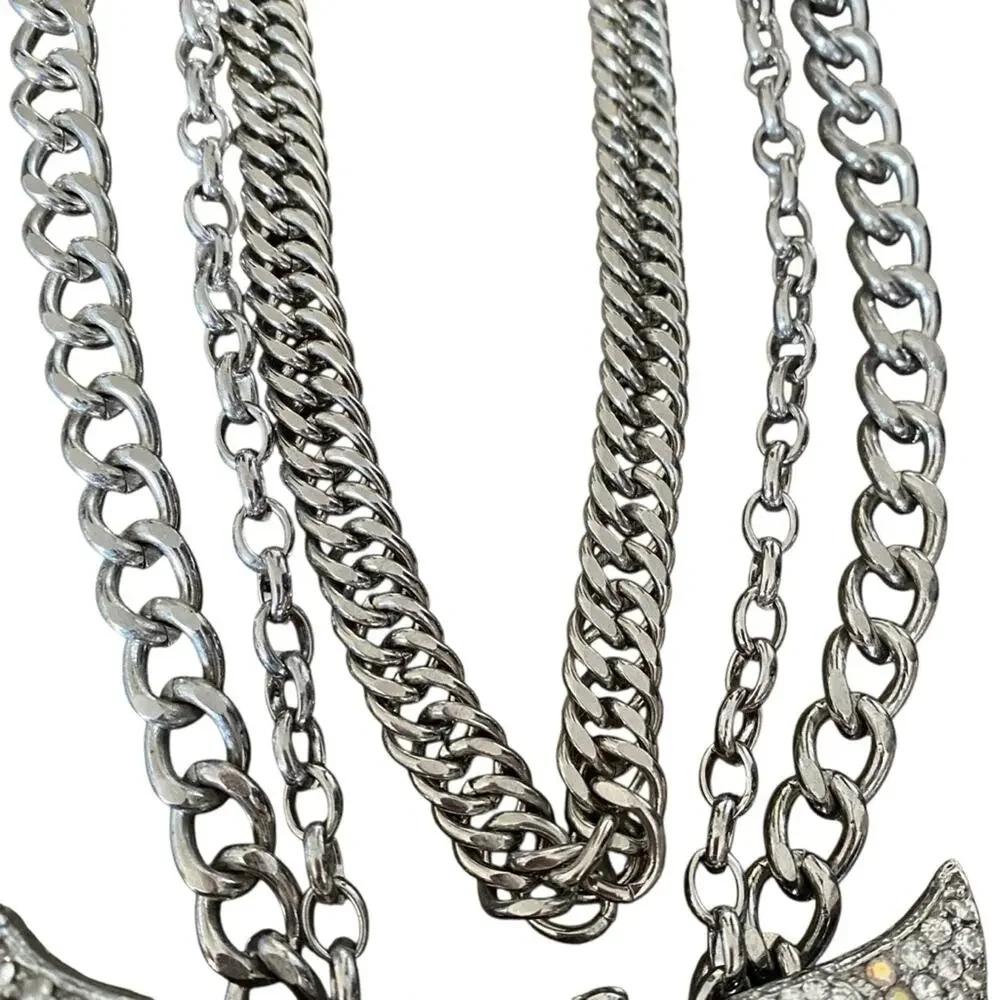 Vintage Silver Tone Rhinestone Butterfly Layered Necklace